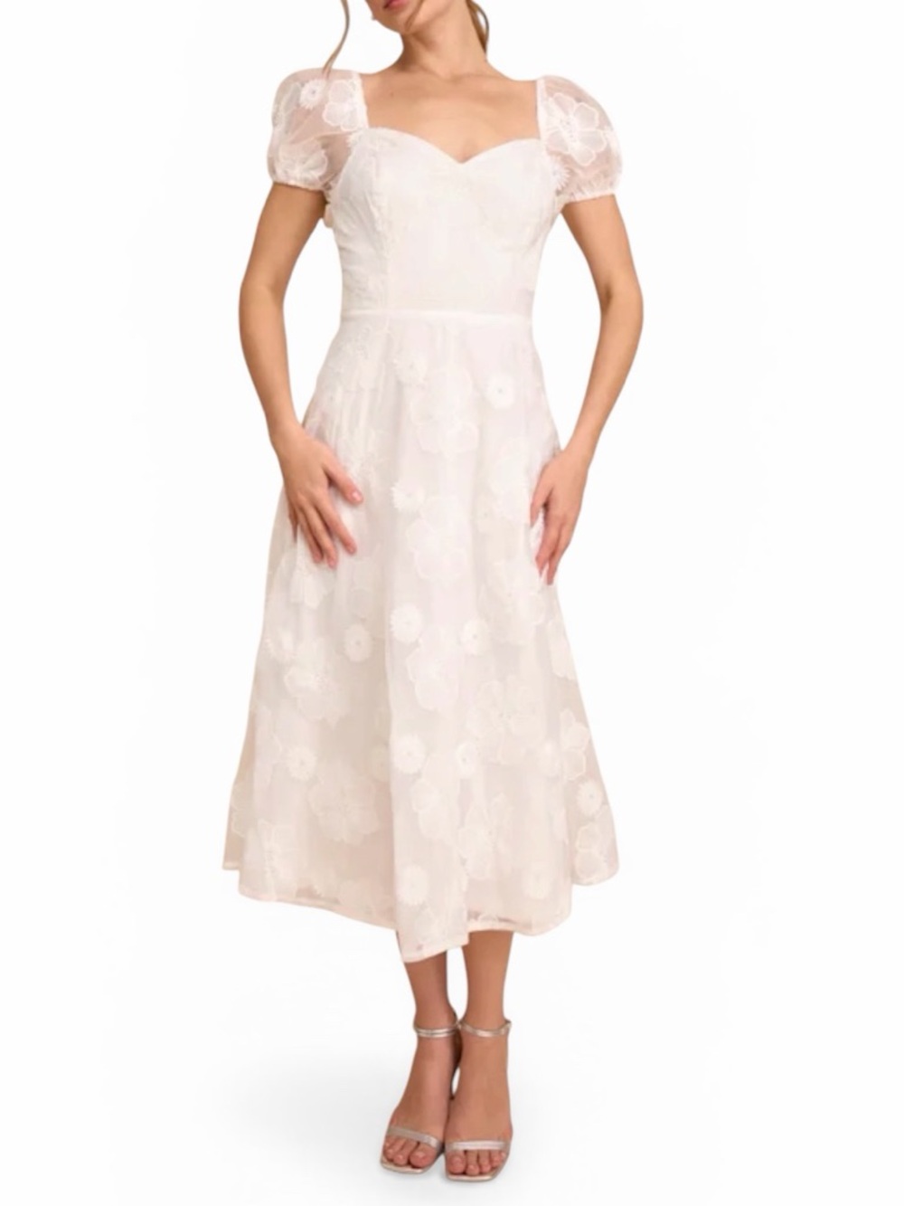 Lulus NWT “Sweetest Behavior” White Embroidered Puff Sleeve Midi Dress Sz Small - Picture 12 of 14